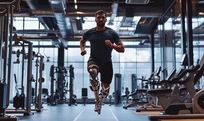 Man with prosthetic leg running in modern gym during daytime
