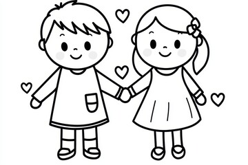 Adorable Cartoon Boy and Girl Holding Hands Black and White Line Art Illustration Cute Children s