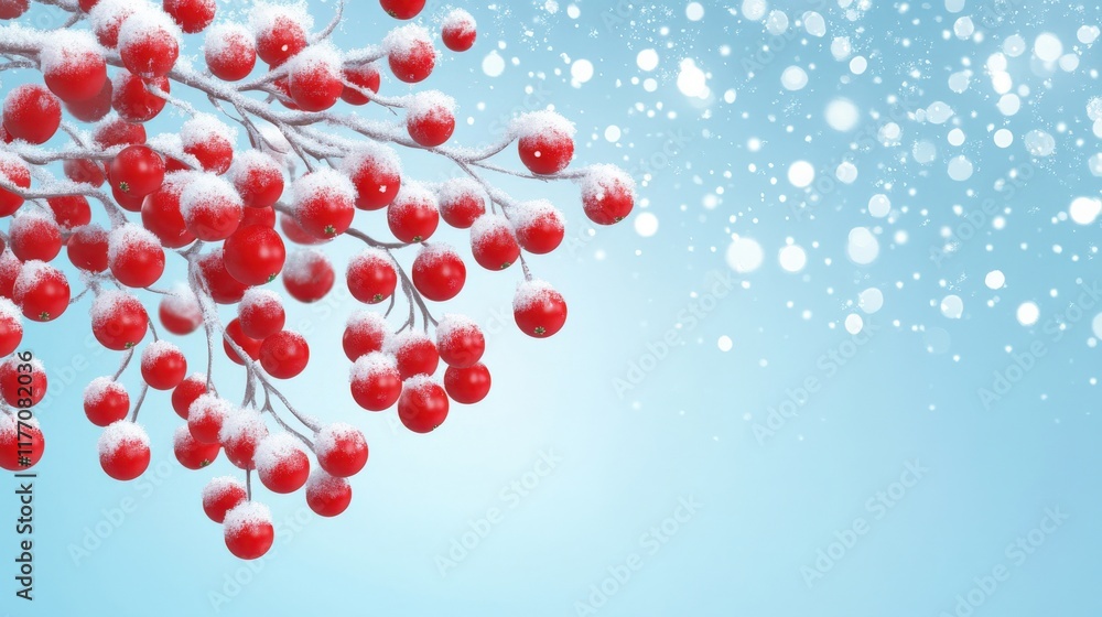 Poster snowy red berries on winter branch with blue background and soft bokeh effect, capturing the essence