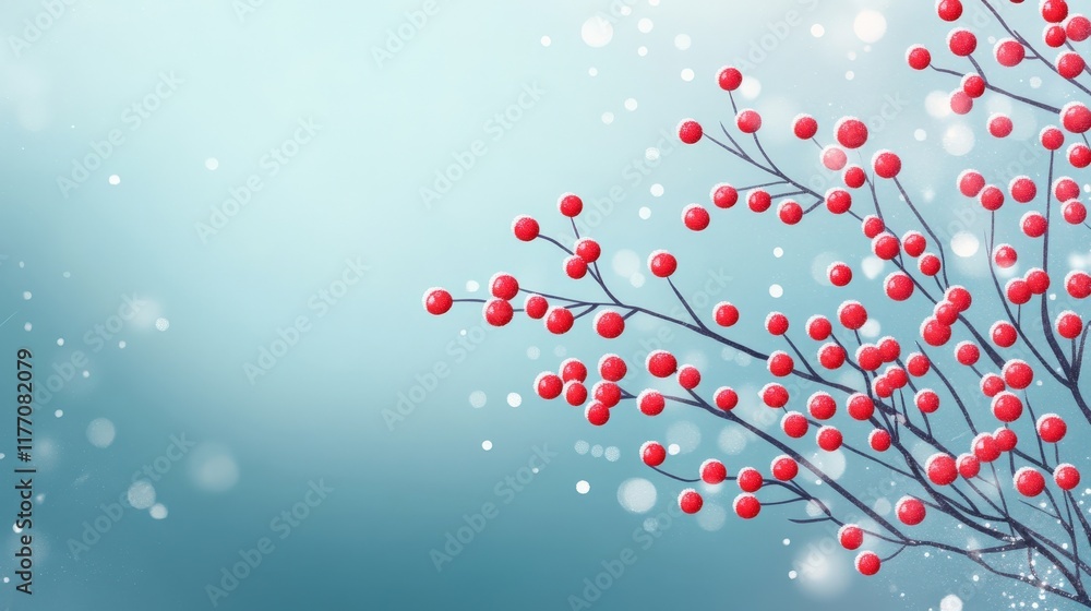 Poster delicate red berries on branches against a soft blue background with ethereal bokeh, perfect for chr