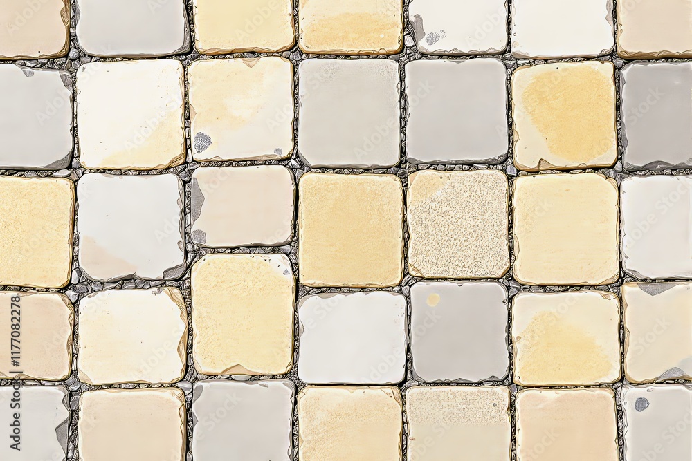 Poster close-up view of beige and cream-colored square stone tiles with visible grout lines, arranged in a 