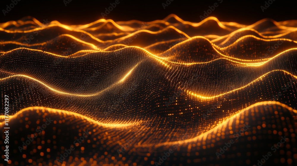 Poster glowing particle waves, technology and network visualization, abstract digital landscape.