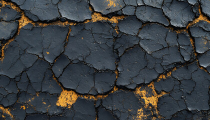 Cracked dark asphalt surface with yellow accents