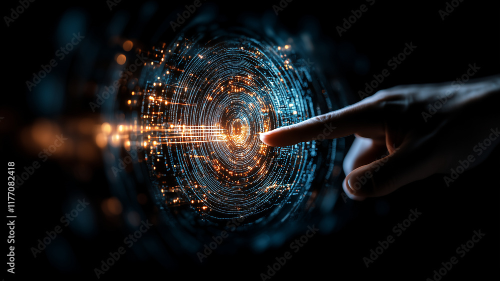Poster hand reaching towards glowing digital interface, symbolizing technology and connection. vibrant ligh
