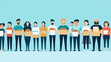 Diverse Group of People Holding Boxes of Fresh Produce, Representing Community Support and Local Agriculture Initiatives with Cheerful Expressions on Colorful Background