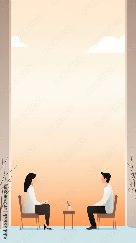 Poster minimalist illustration of two people having a conversation in a serene setting with soft colors, hi