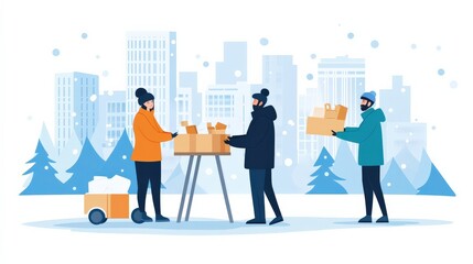 Obraz premium Urban Winter Scene of Volunteers Distributing Boxes in a Snowy City Landscape with Trees and Buildings in the Background
