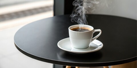 A steaming cup of dark coffee sits on a small, round table near a window.