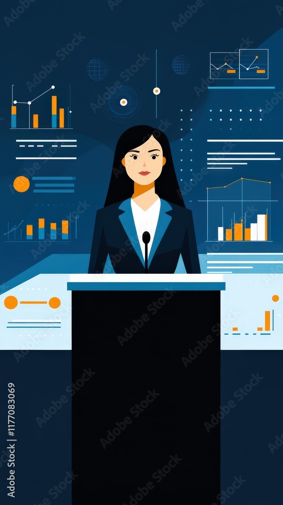 Aufkleber professional female speaker at podium with data visualization and business analytics background in m