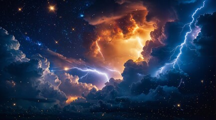 Fototapeta premium Dramatic Stormy Sky with Lightning Bolts and Glowing Clouds Under a Starry Night