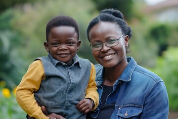 Joyful mother and son share a moment in a vibrant garden setting on a sunny afternoon
