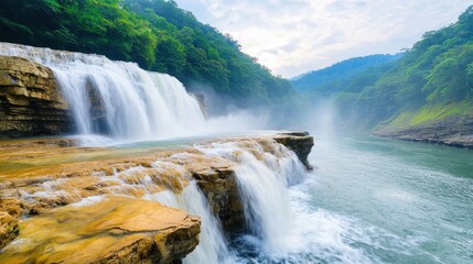 Fototapeta premium The waterfall in the lush forest of Kumamoto Japan cascades down a series of rocky ledges, creating a mesmerizing display of rushing water and misty spray that seems to dance in the sunlight.