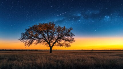Solitary tree at sunset under a starry sky with the Milky Way.