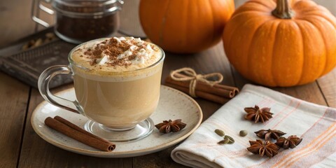 Warm Spiced Latte with Whipped Cream and Autumn Spices next to Pumpkins