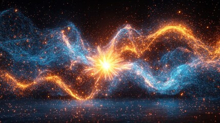 Glowing energy waves colliding in dark space with sparkling particles