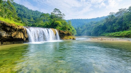 Fototapeta premium The small secret waterfall of Tibumana is nestled within a lush green jungle in Bali, Indonesia