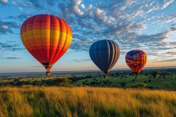Obraz premium Colorful hot air balloons soaring above lush green fields during a sunny day