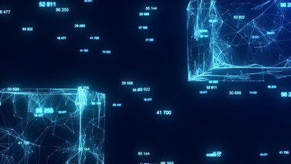 Abstract sci-fi cubes with particle and line with digital indicators. Technology network connection on world. Global digital connections ai. Big data flow. Blockchain encryption. 3D rendering.