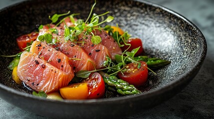 Seared salmon, asparagus, tomatoes salad in bowl on table.