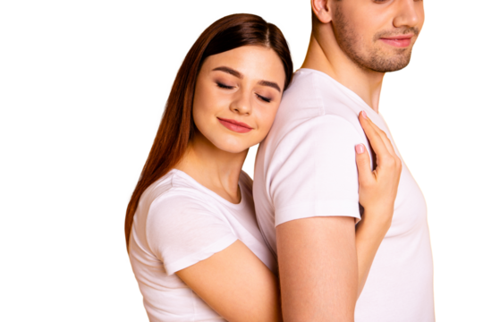 Cropped close up side profile photo beautiful she her he him his guy lady pair hold tight close hands arms husband strong back eyes closed relax wear casual white t-shirts isolated yellow background