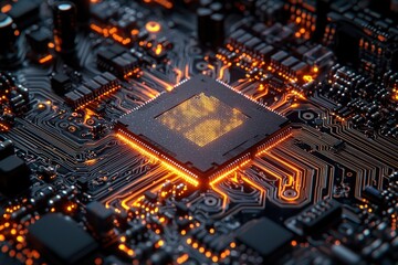 Glowing CPU on circuit board with intricate connections, processing data