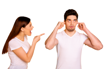 Close up side profile photo two beautiful people she her he him his blaming yell fault aggression awful roll eyes up hide ears fingers ignore wear casual white t-shirts isolated yellow background