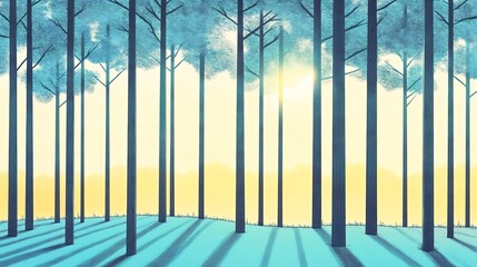 Serene Sunrise: Digital Painting of a Tranquil, Blue-Toned Forest. AI Generated
