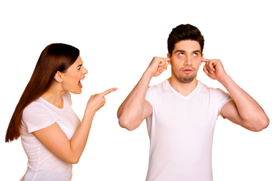 Close up side profile photo two beautiful people she her he him his blaming yell fault aggression awful roll eyes up hide ears fingers ignore wear casual white t-shirts isolated yellow background