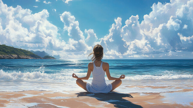 Girl meditating in lotus pose by the seashore on a sunny day. Generative AI