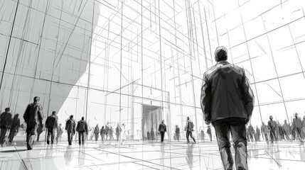 A simple black-and-white sketch depicting the entrance to an office building. Generative AI
