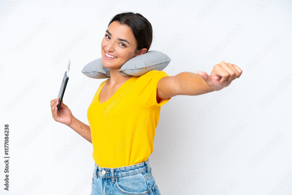 Poster Woman with Inflatable Travel Pillow over isolated background giving a thumbs up gesture