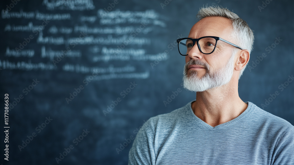 Aufkleber thoughtful man with glasses and beard stands in front of chalkboard, reflecting on ideas. his expres