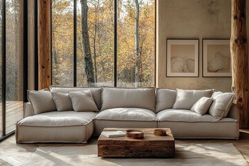 Modular sofa in rustic living room with autumn forest view