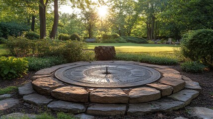 Obraz premium Beautiful garden with fountain surrounded by colorful flowers in a sunny outdoor setting
