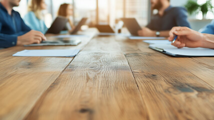 group of professionals engaged in meeting around wooden table, using laptops and tablets, showcasing collaboration and teamwork in modern office environment