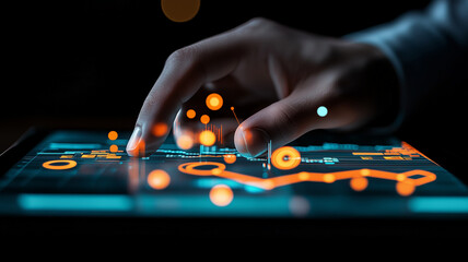 hand interacting with digital interface, showcasing data visualization and analytics. glowing elements create futuristic atmosphere