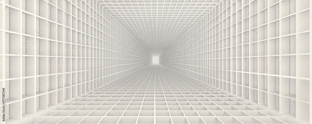 Poster abstract white cubic grid tunnel 3d render of endless geometric pattern