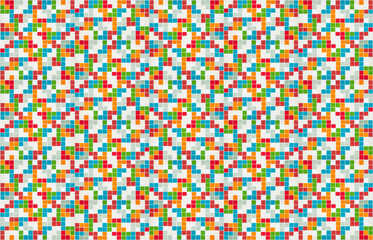 colorful wall painted with a pixelated design, design consists of numerous squares, each filled with a solid color, squares are arranged in a nonrepeating pattern that seems almost spontaneous