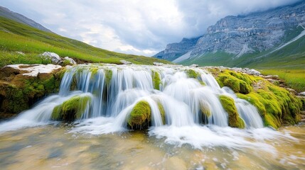 Obraz premium The cascading waterfall flows gracefully over moss covered rocks, creating a mesmerizing display of nature's power and beauty.