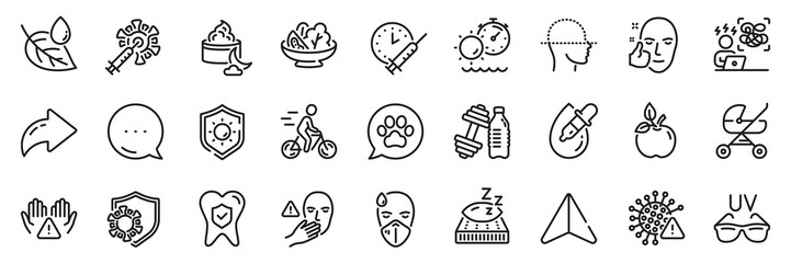 Face scanning, Clean hands and Dumbbell line icons pack. Share, Message, Paper plane icons. Sick man, Leaf dew, Night cream web icon. Dental insurance, Coronavirus, Pets care pictogram. Vector