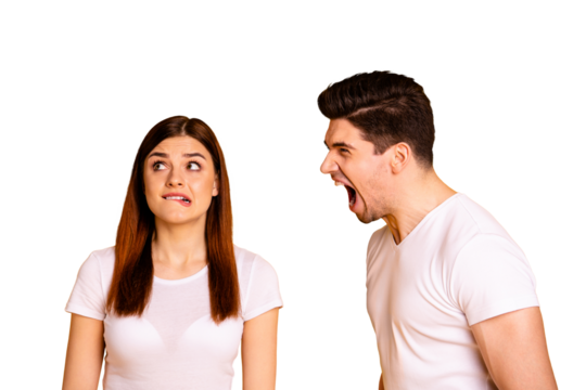 Close up side profile photo two beautiful people she her he him his blame aggression look up frightened fear husband madness mad rage outraged wear casual white t-shirts isolated yellow background - Powered by Adobe