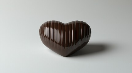 Shiny dark chocolate heart on white background with subtle shadow.
