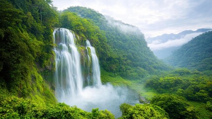 Fototapeta premium The deep rain forest jungle waterfall cascades down a lush green cliff, its crystalline waters shimmering in the dappled sunlight filtering through the dense canopy above