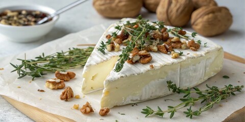 A wheel of creamy cheese, adorned with roasted nuts and fresh herbs, sits on a wooden board.