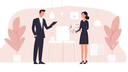 Obraz premium Professional man and woman engage in conversation while showcasing modern interior design, featuring elegant decor elements and a warm, inviting atmosphere