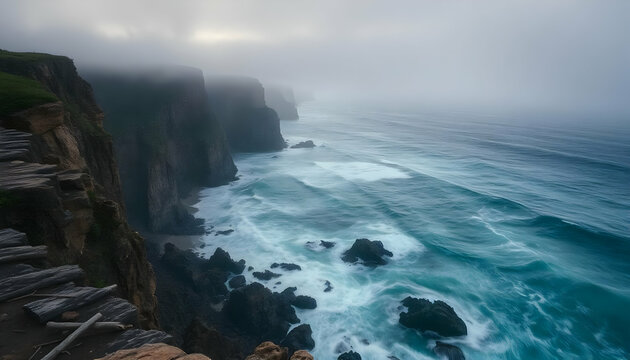 Majestic cliffs meet turbulent ocean waves on a misty morning along the coastline - Powered by Adobe