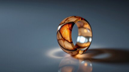 Unique handcrafted amber ring displayed on gray background