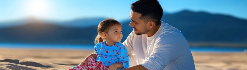 Fototapeta premium A heartwarming Fathers Day image shows father and child sitting on a beach at sunset, not stargazing, but sharing a moment of love and connection, making memories together Perfect for use as a card