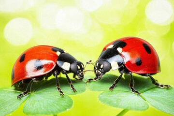 Fototapeta premium Two Ladybugs Encountering on Clover Leaf Close up Macro Photography of Insects in Nature