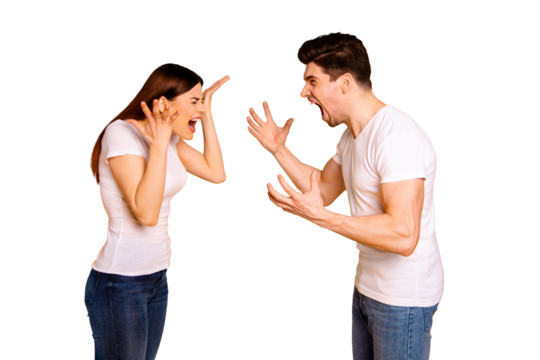 Profile side view portrait of his he her she two attractive angry aggressive nervous people having fight anger blame isolated over vivid shine bright yellow background